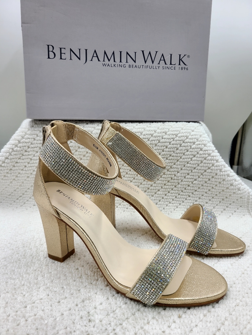 Benjamin Walk Gold Crystal Ankle-Strap Block Heel Sandals